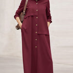 Women's Solid Color Lapel Long-sleeved Casual Loose Cotton And Linen Shirt Dress