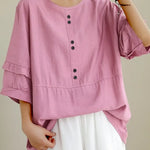 Women's Solid Color Casual Round Neck Button Cotton Linen Shirt