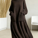 Women's Solid Color High-Neck Long-Sleeve Casual Loose Knit Dress