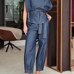 Women's Lapel Sleeveless Casual Loose Denim Top And High-waisted Casual Loose Wide-leg Denim Pants Set.