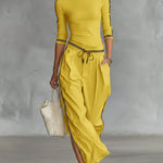 Cozy Stretch Knit Top And Linen And Cotton Trousers Two-piece Set