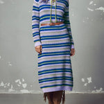 Women's Color-blocked Striped Print Cardigan Collar Long-sleeved Casual Loose Knit Dress