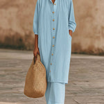 Elegant Metal Button Longline Shirt And Pants Set