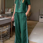 Women's Round Neck Short Sleeve Casual Loose Top High Waist Casual Loose Wide Leg Pants Cotton Linen Set