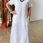 Elegant Diamond-neck Linen Midi Dress
