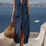 Women's Solid Color Lapel Sleeveless Casual Loose Cotton And Linen Dress