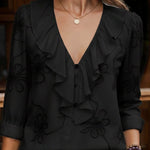 Vintage ruffled V-neck shirt with embroidered flowers