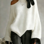 Women's Solid Color Stand-collar Long-sleeved Casual Loose Off-the-shoulder Sweater
