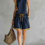 Women's Round Neck Sleeveless Casual Loose Vest And Elastic Waist Casual Loose Shorts Cotton And Linen Set.
