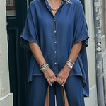 Casual Denim Irregular Hem Shirt And Wide-leg Pants Two-piece Set
