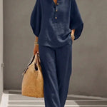 Natalia | Linen set with batwing sleeves and wide-leg trousers