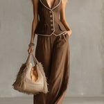 Women's Slim-fit Linen And Cotton Vest And Trousers Two-piece Set