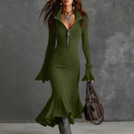Women's Elegant Zippered Collar Flared Sleeve Knitted Fishtail Dress