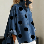 Elegant Artistic Polka Dot Print Stand-collar Denim Top