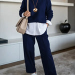 Women's Solid Color Round Neck Long-sleeved Casual Loose Knit Sweater And High-waisted Solid Color Casual Wide-leg Pants Set.