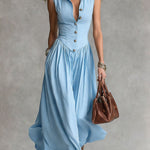 Women's Solid Color Collared Sleeveless Casual Loose Cotton Linen Dress