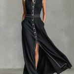 Women's Collared Sleeveless Casual Loose Long Cotton Linen Dress