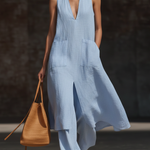 Stylish V-neck Long Shirt And Wide-leg Pant Linen Two-piece Set