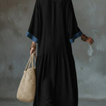 Loose And Cozy Patchwork Denim Dress With Contrasting Trim.