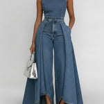 Women's Round Neck Sleeveless Casual Loose Wide-leg Denim Jumpsuit