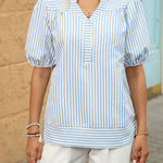 Women's V-neck Puff Sleeve Striped Shirt