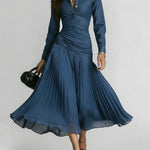 Elegant Patchwork Pleated Chiffon Denim Dress