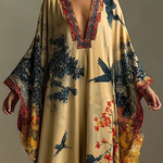 Elegant Red Maple Blossom And Bird Art Print Long Robe Dress