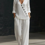 Minimalist V-neck Shirt And Wide-leg Pants Two-piece Set