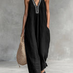 Women's Solid Color V-Neck Halter Neck Sleeveless Casual Loose Cotton Linen Wide-Leg Jumpsuit