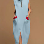 Women's Solid Color Stand-collar Sleeveless Casual Loose Cotton Dress