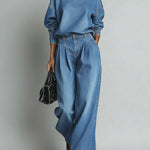 Women's Stand-collar Long-sleeved Casual Loose Denim Top And High-waisted Casual Loose Wide-leg Denim Pants Set.