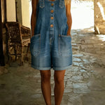 Casual Adjustable-strap Denim Jumpsuit Shorts