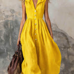 Women's Solid Color Lapel Sleeveless Casual Loose Cotton Dress