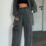 Women's Solid Color Loose Lapel Buttoned Cardigan Pants Denim Suits