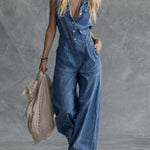 Women's Shirt Collar Sleeveless Casual Loose Denim Wide-leg Jumpsuit