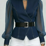 Elegant, Slim-fitting Denim Top With Organza Sleeves.