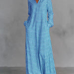 Women's Plaid Print V-neck Long-sleeved Casual Loose Cotton And Linen Dress