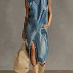 Women's Stand-collar Sleeveless Casual Loose Denim Dress