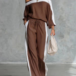 Women's Square-neck Off-the-shoulder Long-sleeved Loose-fitting Top And Elastic-waist Loose-fitting Wide-leg Pants Cotton And Linen Set.