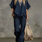 Women's V-neck Short-sleeved Casual Loose Top And High-waisted Casual Loose Wide-leg Denim Pants Set.