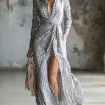 Women's Small Check Multi-color Linen-cotton Blend Long Dress