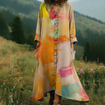 Sunset Orange Color Palette Printed Lace Trim V-neck Dress