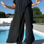 Women's Stylish Casual Elegant Resort Cotton Top And Elastic Waist Loose Pants Set