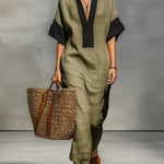 Women's Minimalist Cotton Linen Color-blocked Casual Maxi Dress