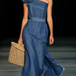 Women's Elegant Strapless Denim Floral Long Dress