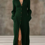Women's Solid Color Shirt Collar Long Sleeve Casual Loose A-line Knit Dress