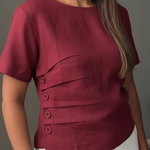 Casual Pleated Button Cotton And Linen Top