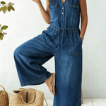 Women's Casual V-neck Belted Denim Jumpsuit