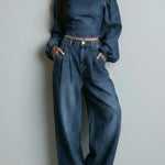 Women's Off-the-shoulder Long-sleeved Casual Loose Denim Top And High-waisted Wide-leg Jeans Set.