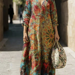 Women's Vintage Floral Pattern Art Print Casual Cotton Linen Dress